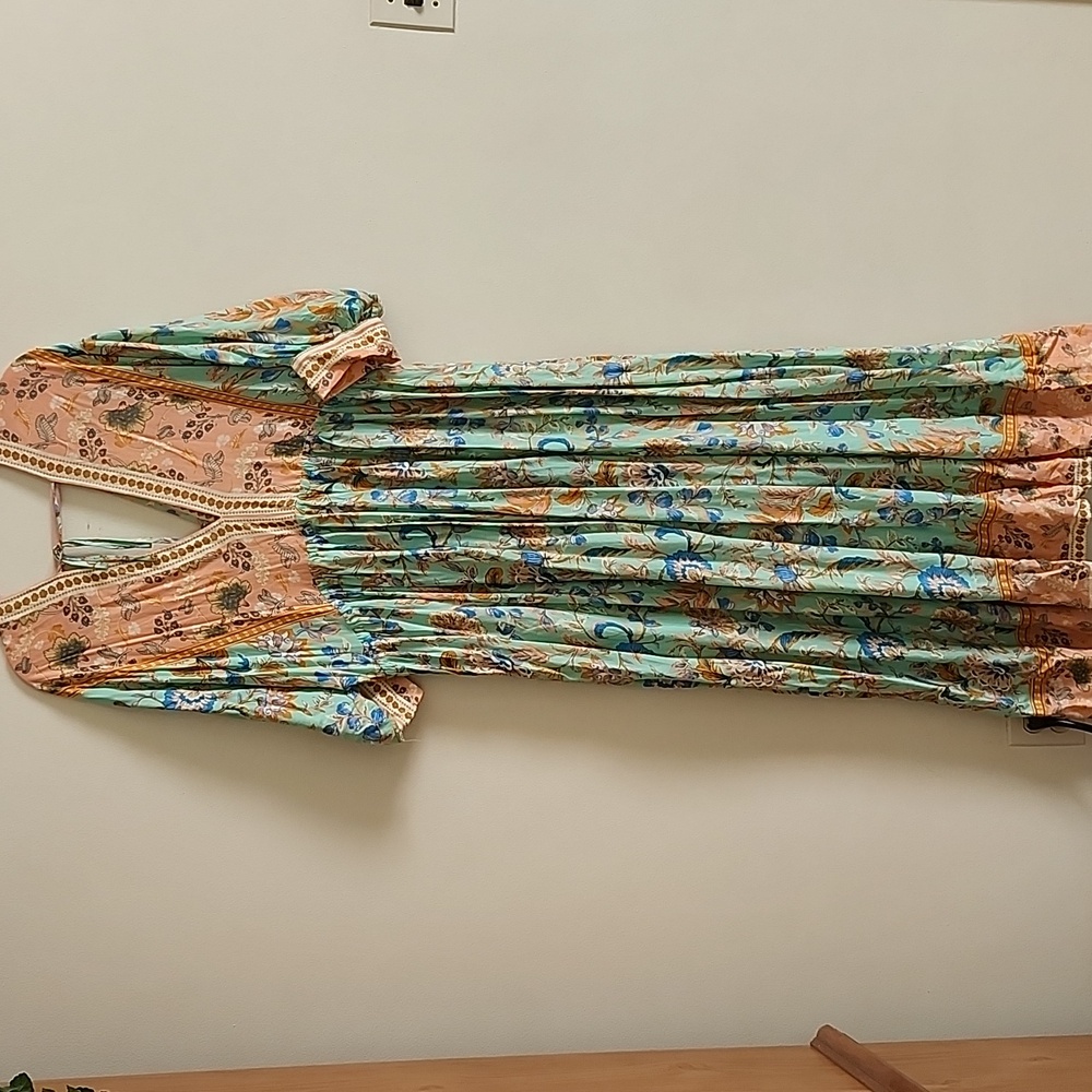 Floral Multicolor Maxi Dress Modesty Tie Balloon Sleeve 3/4  Front Slit Boho - Picture 9 of 9